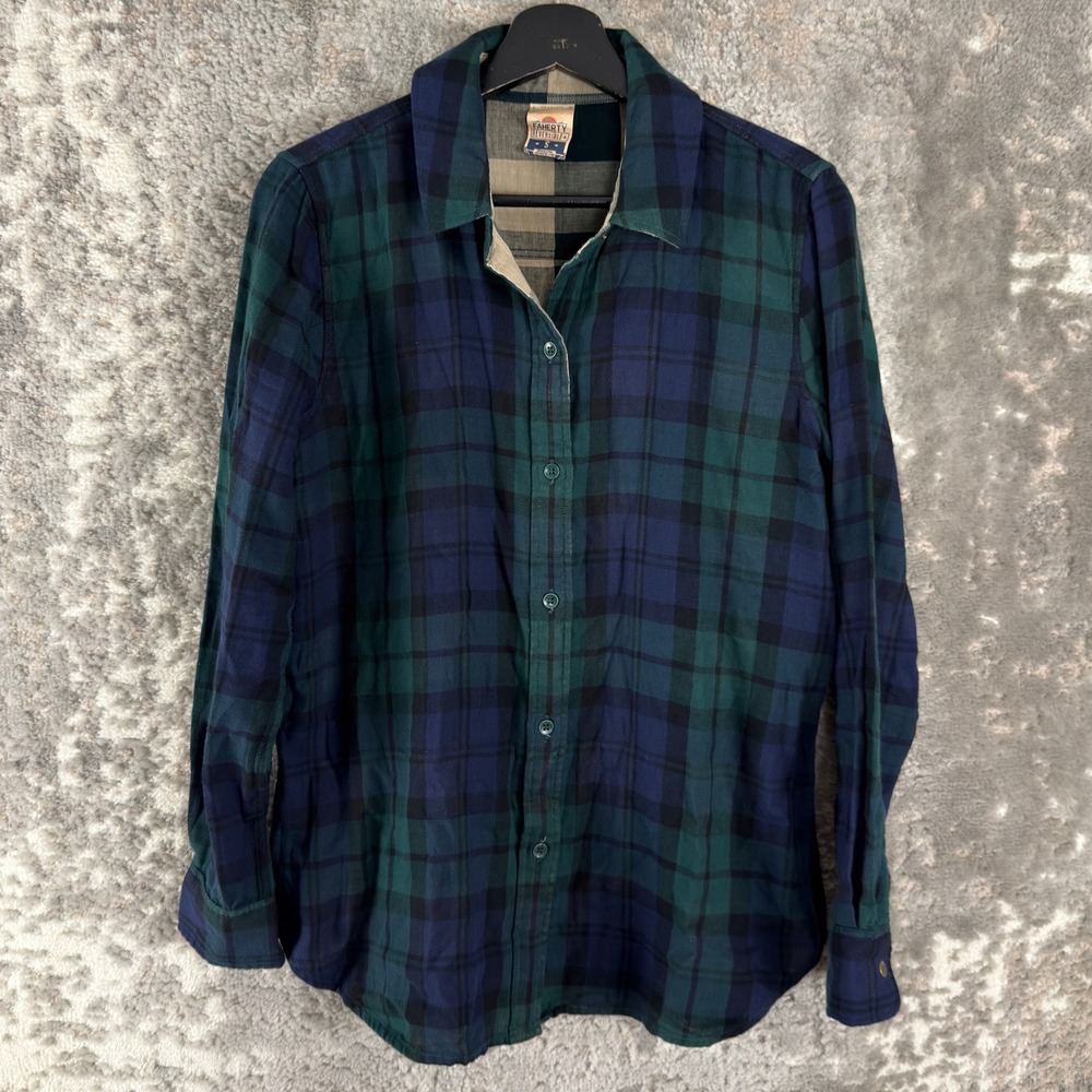 Faherty Size S Reversible Plaid Flannel Button Down Shirt Blue Green Women